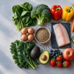 Alimentos frescos agrupados por tipo verduras, huevos, legumbres, pescado y fruta