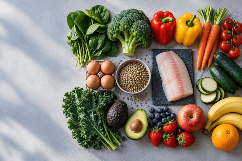Alimentos frescos agrupados por tipo verduras, huevos, legumbres, pescado y fruta