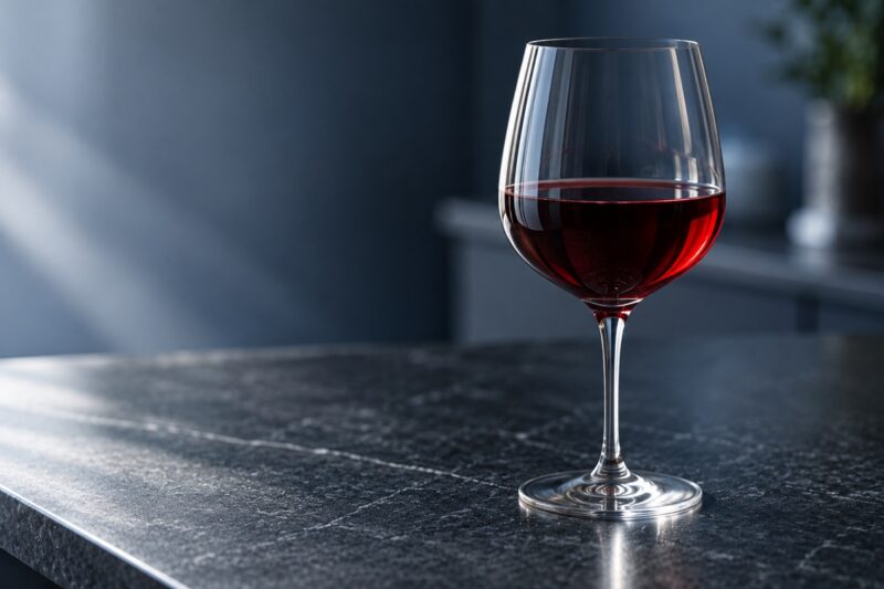 Copa de vino sobre una encimera oscura
