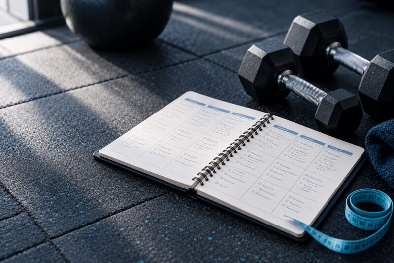 Cuaderno con la planificación semanal de entrenamiento junto a unas mancuernas