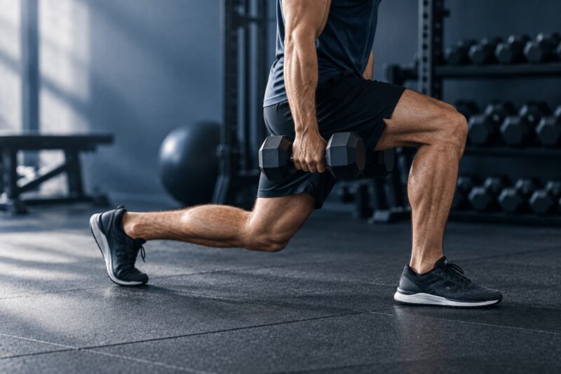 Ejecución de una zancada frontal vista de perfil en el gimnasio