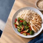 Plato de arroz, pollo y verduras como fuente de energía para entrenar