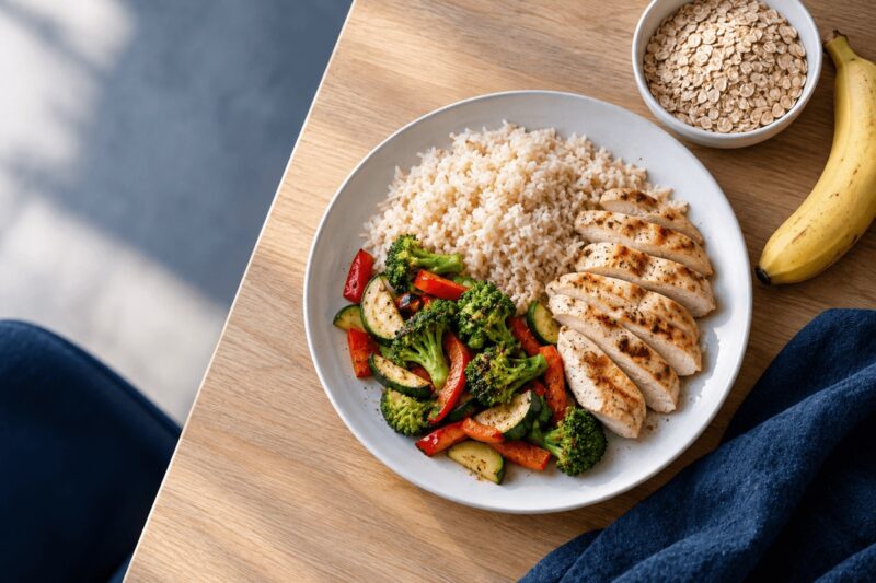 Plato de arroz, pollo y verduras como fuente de energía para entrenar